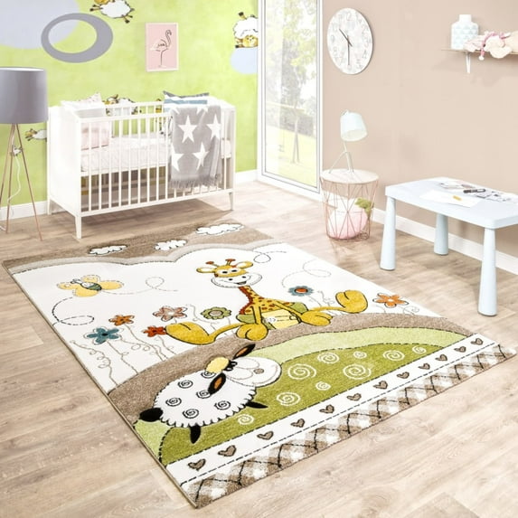 Paco Home Kids Rug with Baby Giraffe & Sheep Motif - Beige Cream - 6'7" x 9'6" (6'x9')