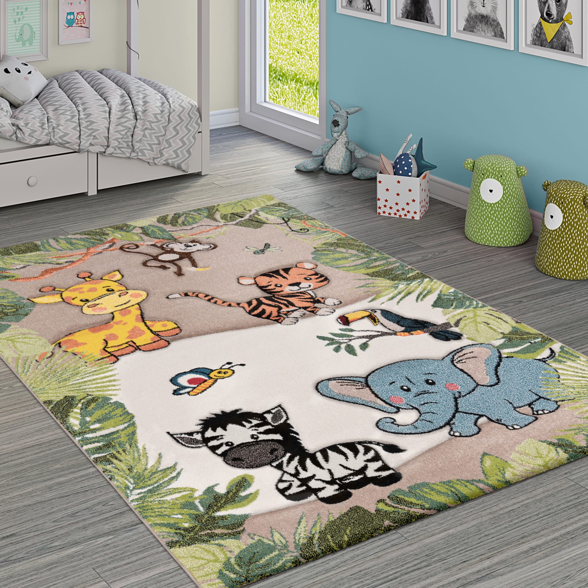 Colorful Jungle Animals Rectangular Kids Rug in Beige Synthetic