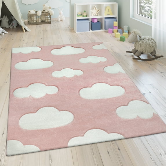 Paco Home Kids Rug with Charming Clouds for Nursery in Pastel Pink - 3X5