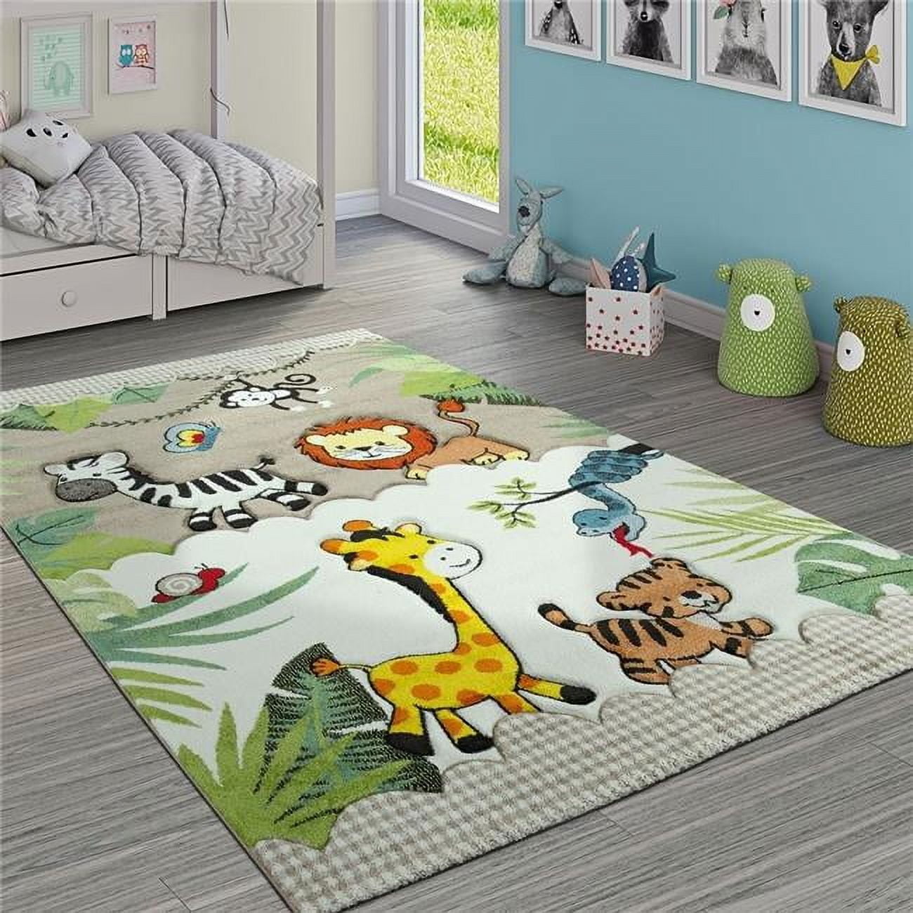 Multicolor Jungle Animals Synthetic Kids Rectangular Rug