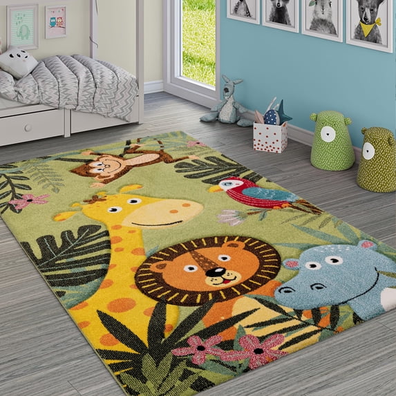 Paco Home Kids Rug with Jungle Animals Motif - Green Multicolor - 2'8" x 4'11" (3'x5')
