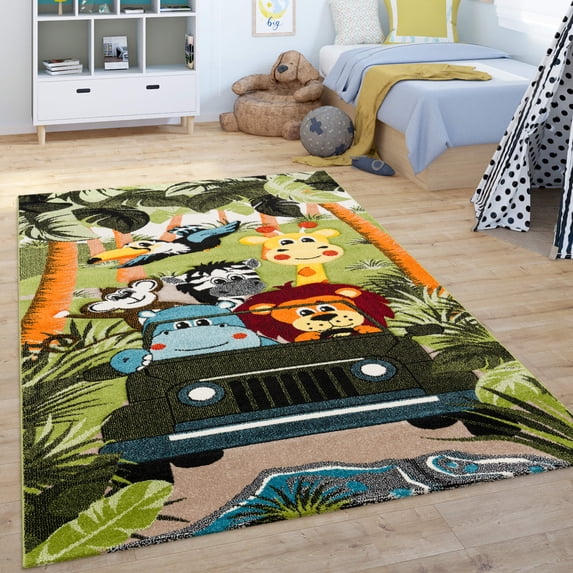 Paco Home Kids Rug with Jungle Animals Safari - Green Multicolor - 5'3" x 7'7" (5'x7')