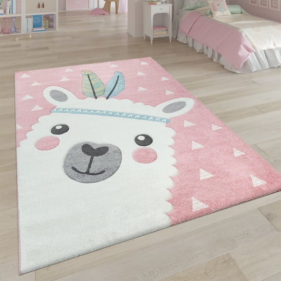Paco Home Kids Rug with Llama Alpaca Motif for Nursery - Pink - 4'4" Square (4'Square)