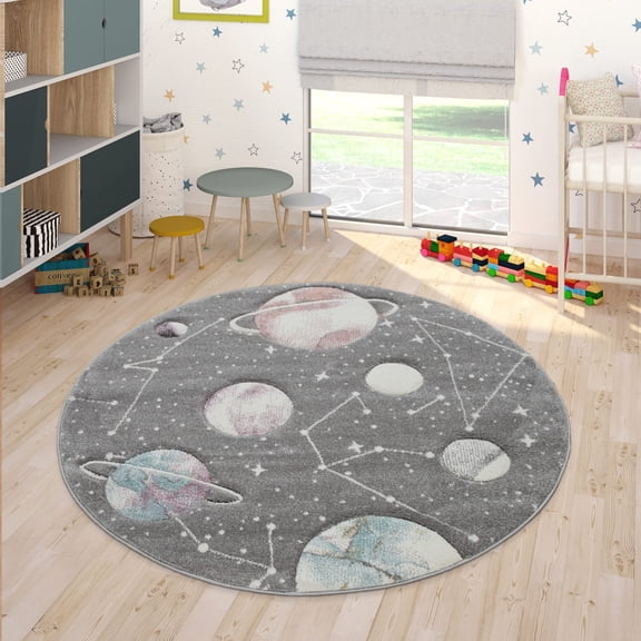 Paco Home Kids Rug with Planets and Stars in Grey - 5'3" Round (5'Round)