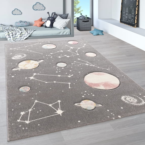 Paco Home Kids Rug with Planets and Stars in Grey - 5'3" x 7'7" (5'x7')