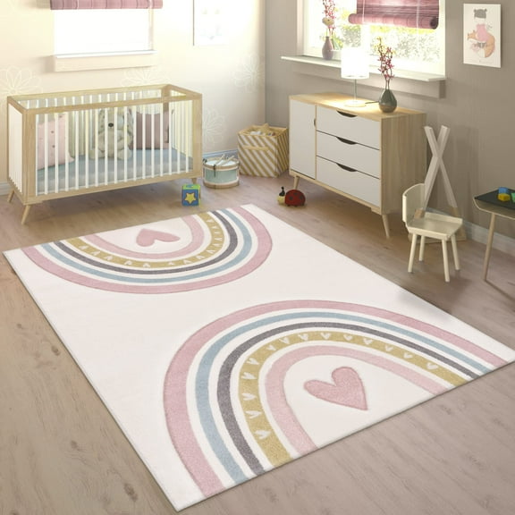 Paco Home Kids Rug with Rainbow & Hearts in Pink Cream - 2'8" x 4'11" (3'x5')