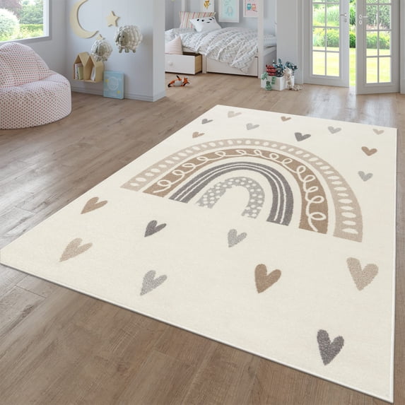 Paco Home Kids Rug with Rainbow and Hearts in Beige - 6'7" x 9'2" (6'x9')