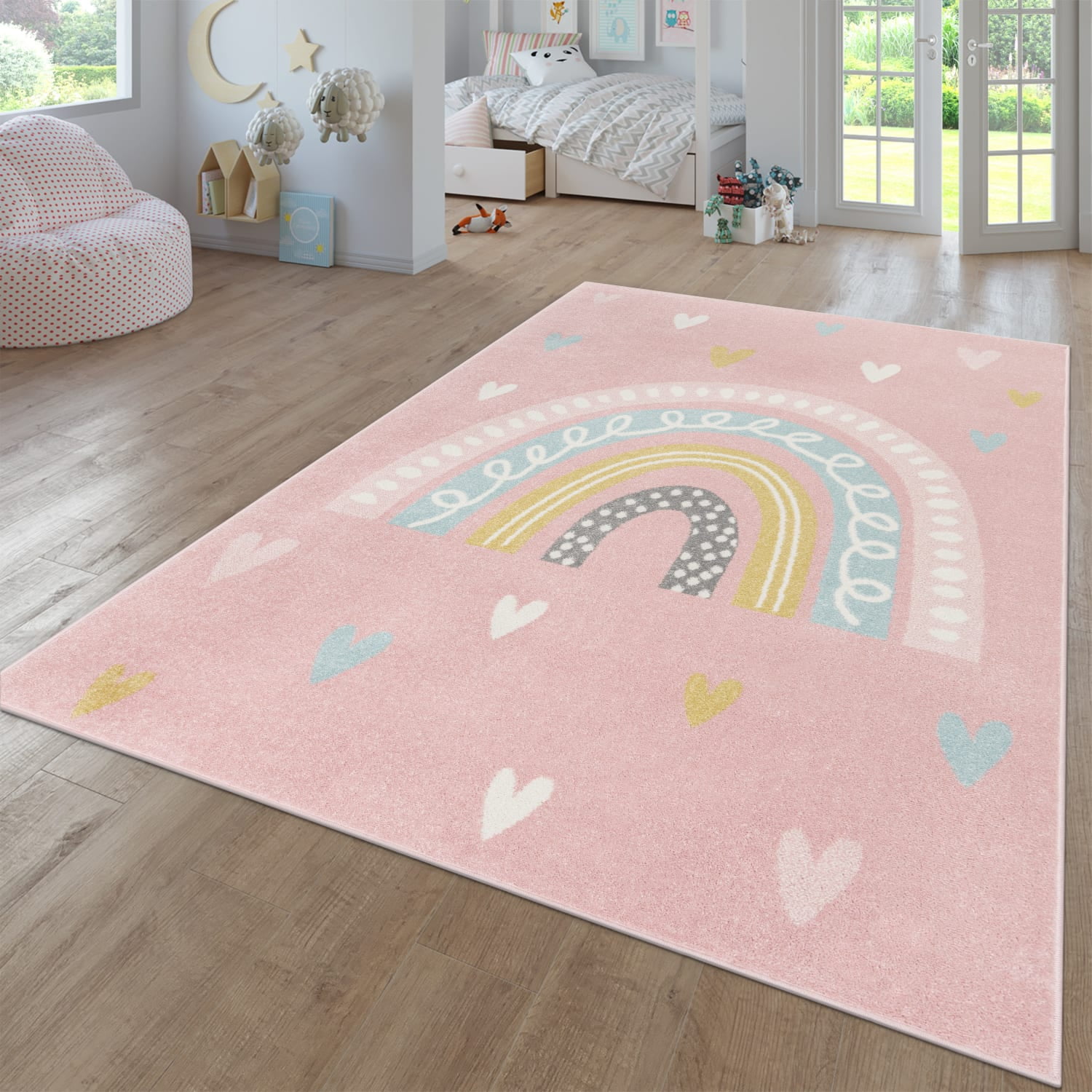 Round Pink Kids Rug with Rainbow and Hearts in Pastel Colors
