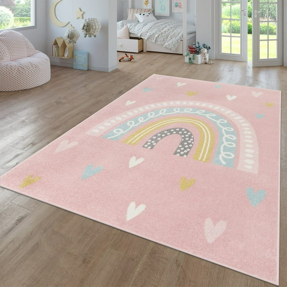 Paco Home Kids Rug with Rainbow and Hearts in Pink - 5'3" x 7'3" (5'x7')