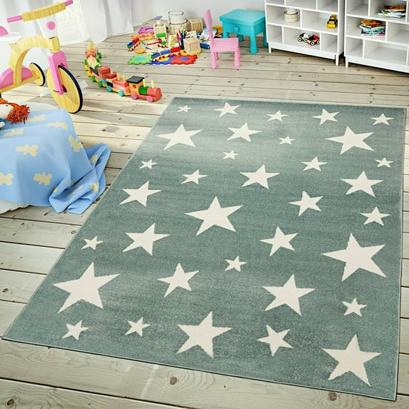 Paco Home Kids Rug with Stars for Nursery Starry Sky in grey, pink and green 3'11" x 5'7" - Green