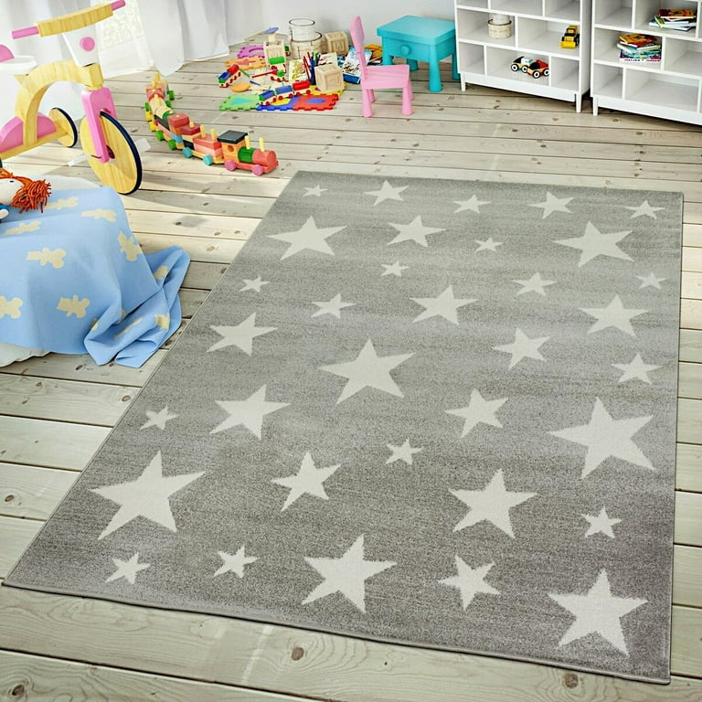 Paco Home Kids Rug with Stars for Nursery Starry Sky in grey, pink and  green 6'7 Round - Grey 