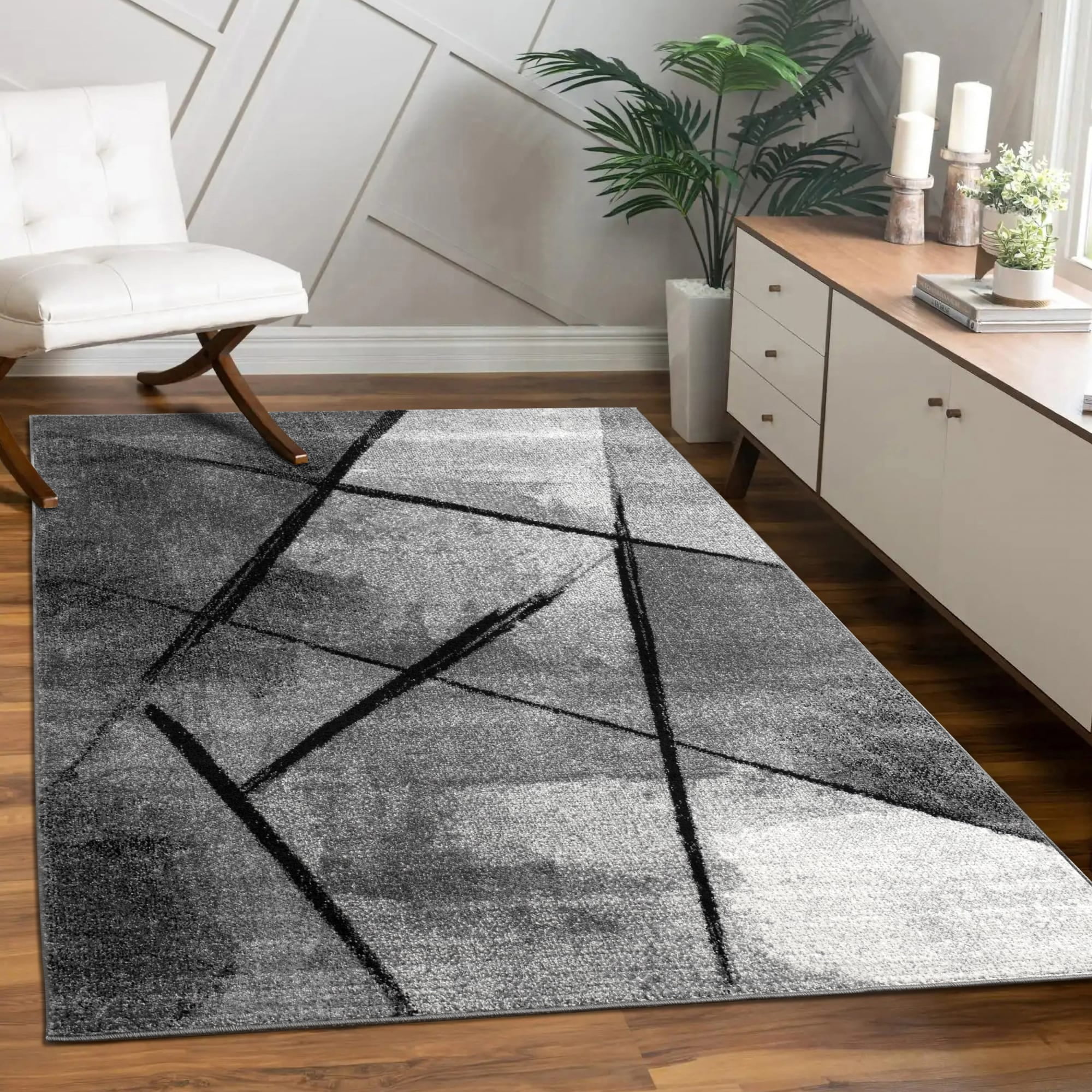 Modern Abstract Black and Gray Rectangular Area Rug