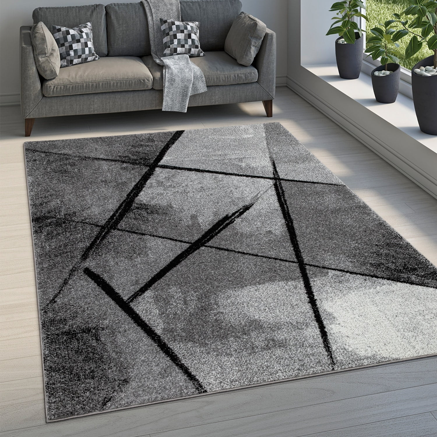 Modern Abstract Black and Gray Rectangular Area Rug