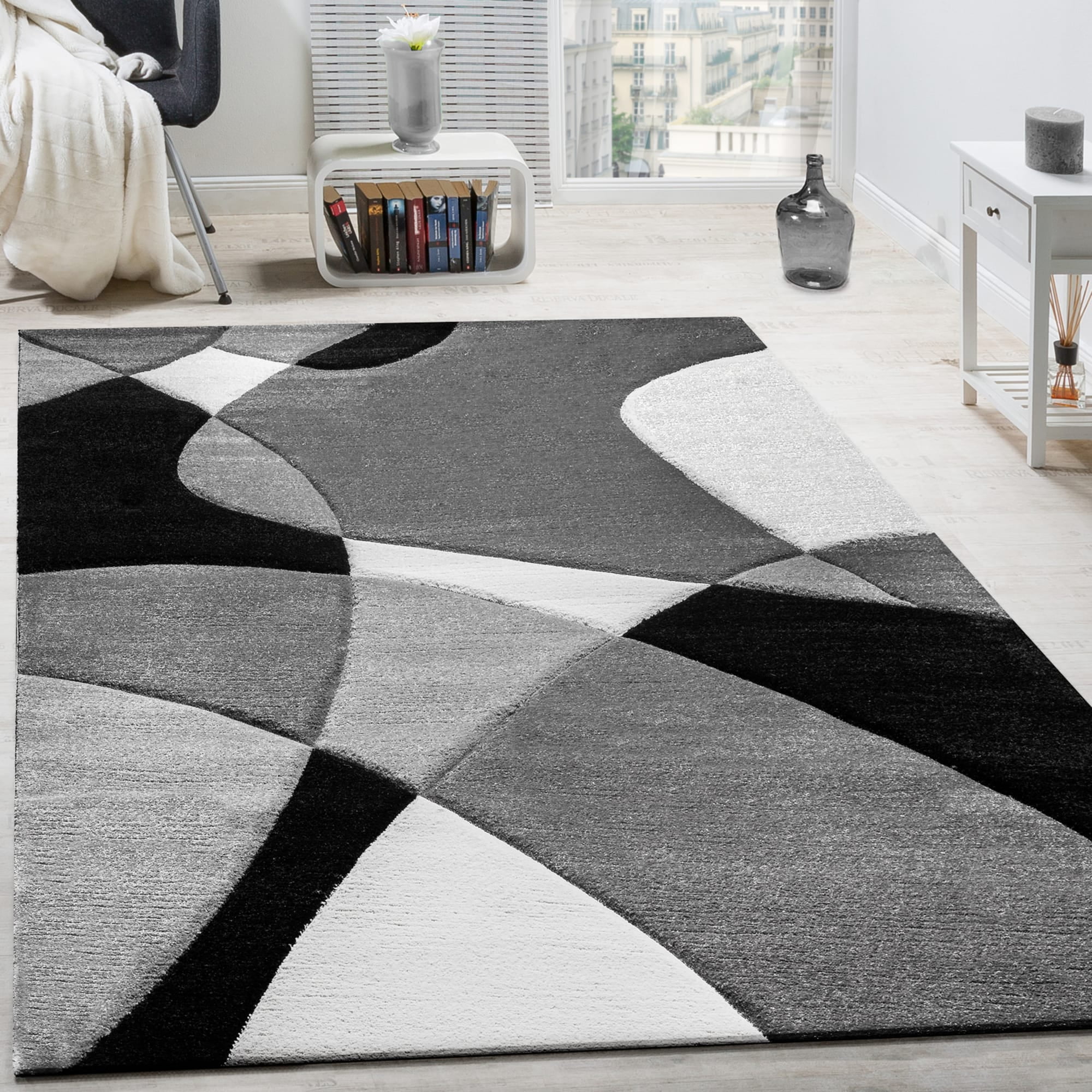 Modern Black and White Geometric Rectangular Synthetic Rug