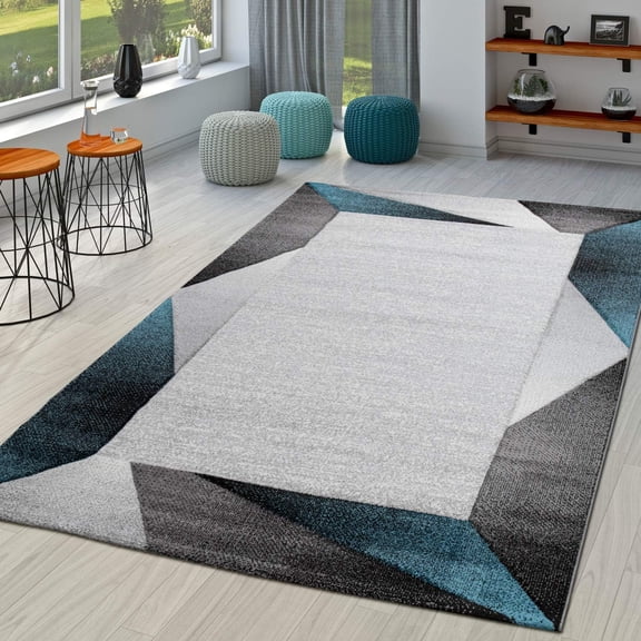 Paco Home Modern Area Rug Bordered with Geometric Pattern Grey Anthracite with Contour Cut,