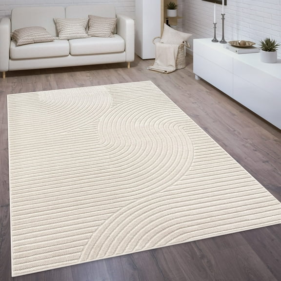 Paco Home Modern Area Rug Minimalist Design with Curved Line Pattern in Cream - 5'3" x 7'7" (5'x7')