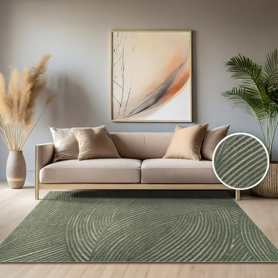 Paco Home Modern Area Rug Minimalist Design with Curved Line Pattern in Green - 5'3" x 7'7" (5'x7')