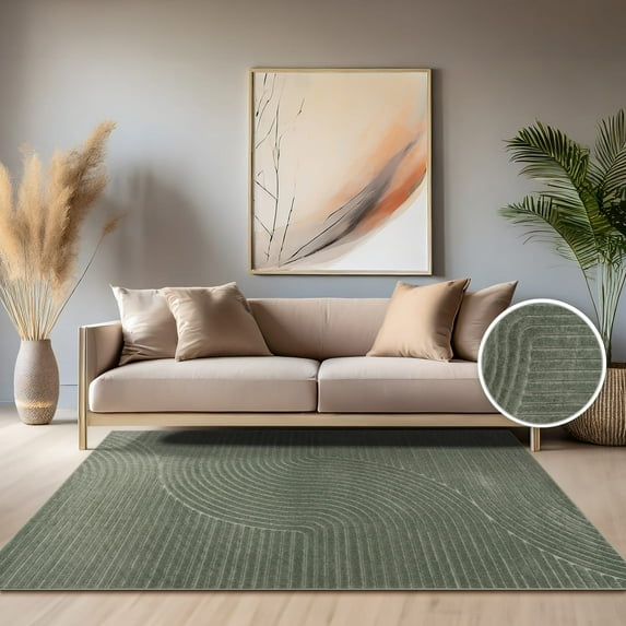 Paco Home Modern Area Rug Minimalist Design with Curved Line Pattern in Green - 6'7" x 9'6" (6'x9')
