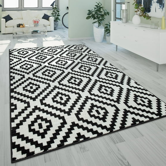 Modern Low-Pile Rug Geometric Moroccan Design in Pastel Colors in Black - 7'10" x 10'6" (8'x10')