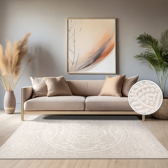 Paco Home Modern Area Rug Oriental Design with Carved Mandala Pattern in Cream - 5'3" x 7'7" (5'x7')