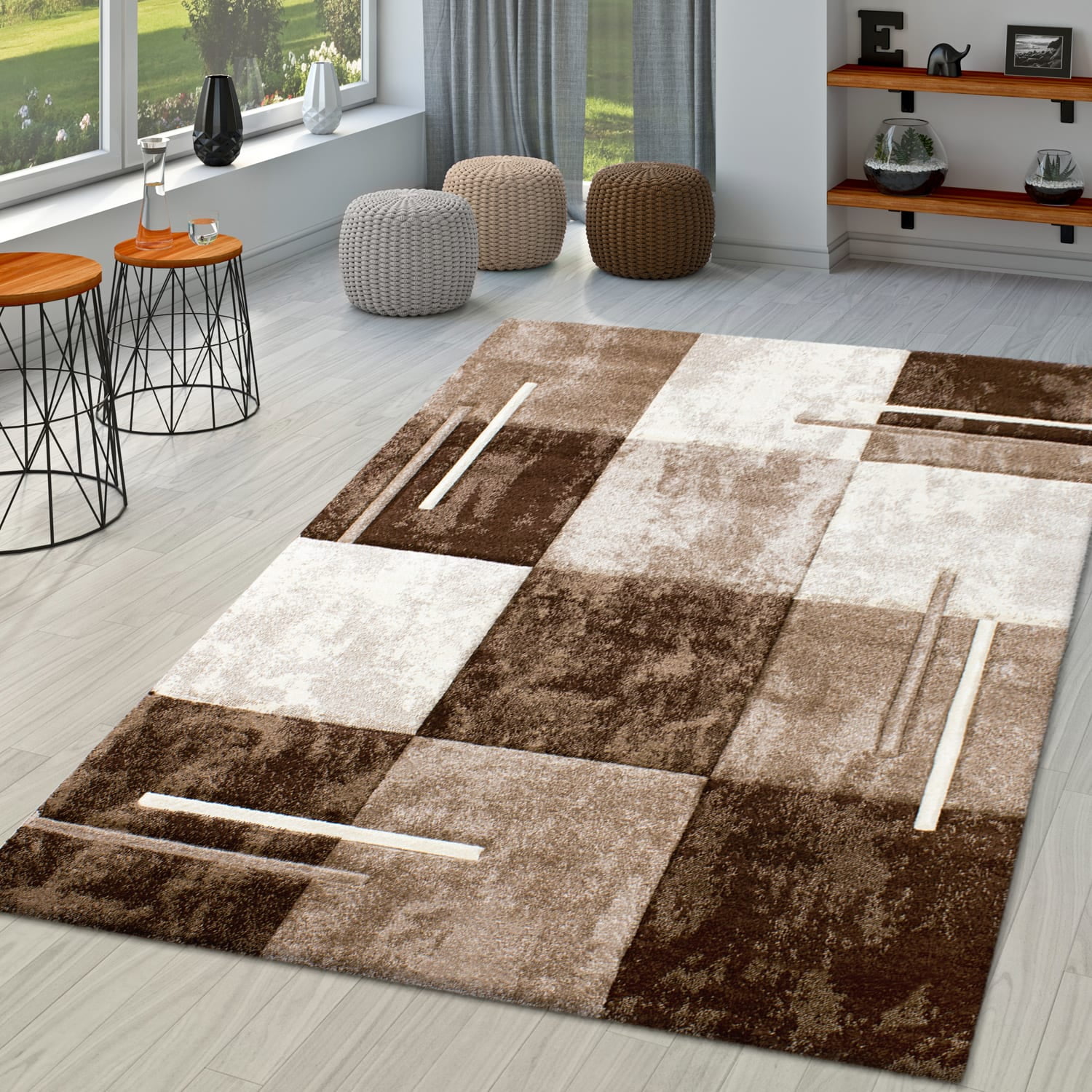 Modern Area Rug with Checkered Pattern in Brown Beige - Walmart.com