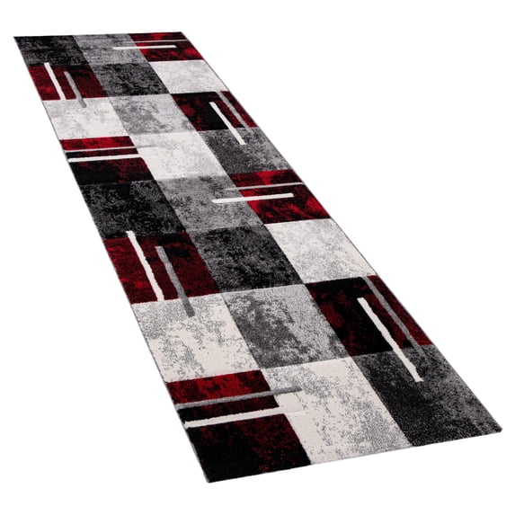 Paco Home Modern Designer Area Rug Contemporary Checkered Contour Cut Grey-Red Area Rug, 2' x 3'7" - 2'8" x 8'2"