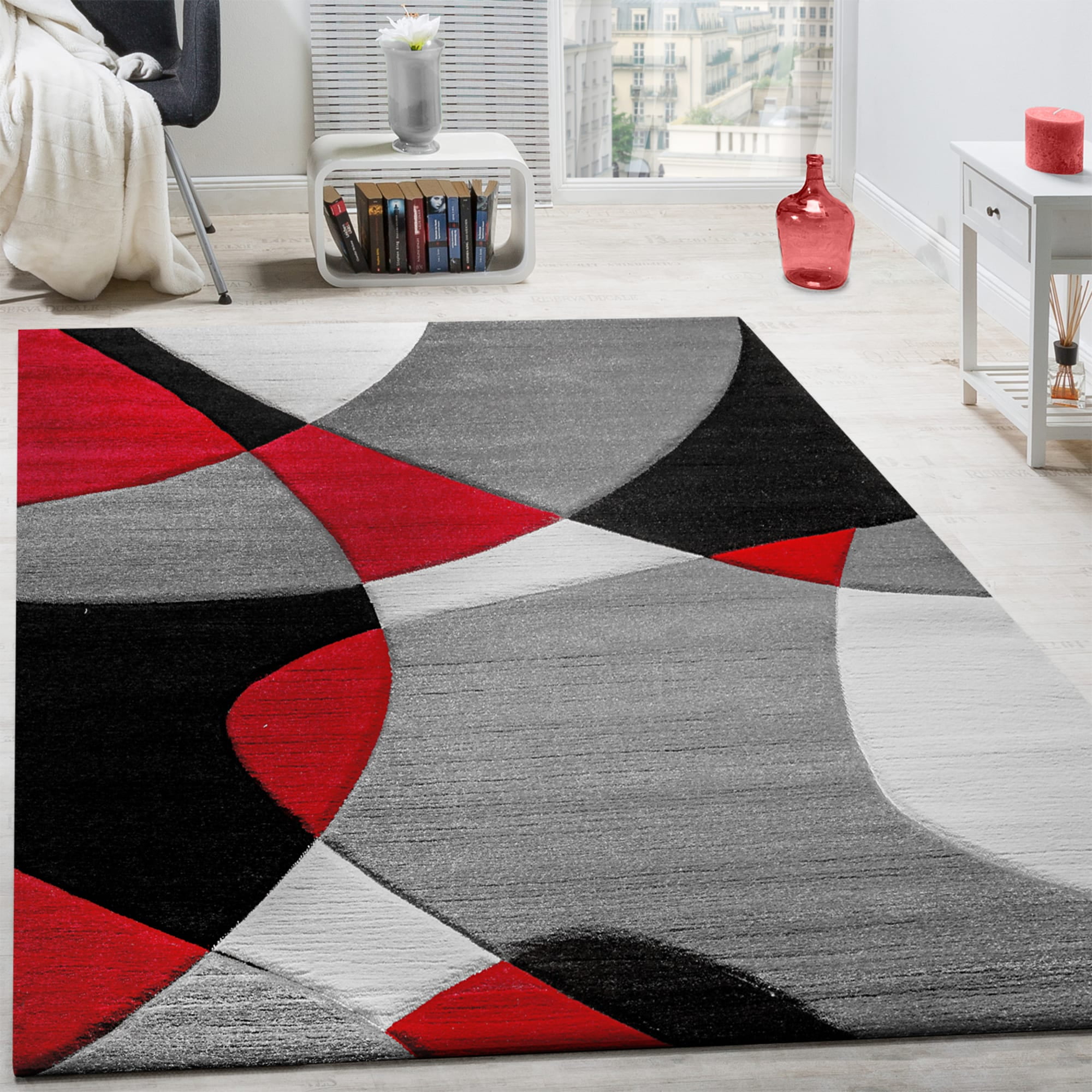 Paco Home Modern Living Room Rug with Artful Geometric Pattern in Red Black