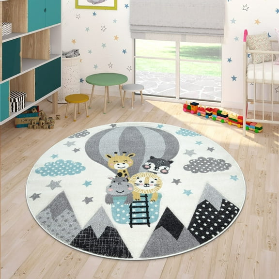 Paco Home Kids Rug Animals on a Hot Air Balloon in Cream Blue - 3'11" Round (4'Round)