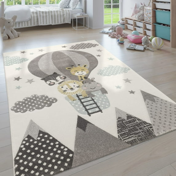Paco Home Kids Rug Animals on a Hot Air Balloon in Cream Blue - 3'11" x 5'7" (4'x6')