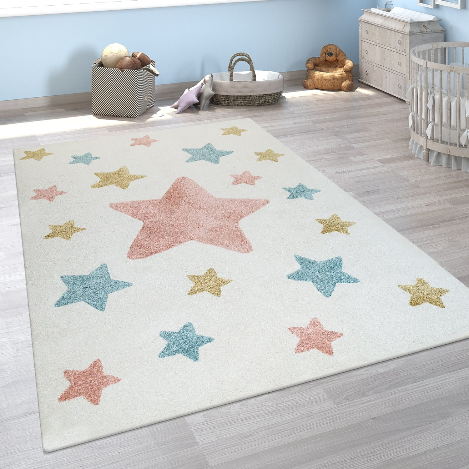 Cream and Pastel Stars Kids Rectangular Synthetic Rug