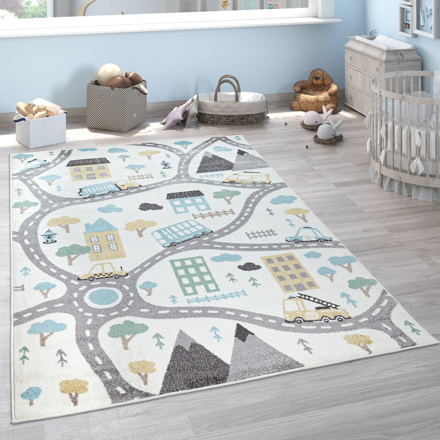 Pastel Town Adventure Kids Rug with Streets and Cars Motif
