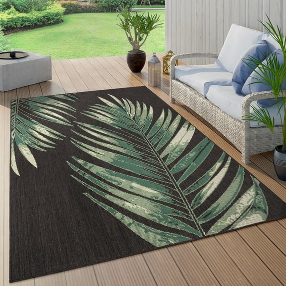 Paco Home Tropical Outdoor Rug Palm Leaves Design in Green Black - 2' x 3'3" (2'x3')