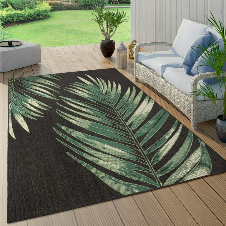 Paco Home Outdoor Rug with Floral Palm Leaf Design Waterproof 6'7 x 9'6 -  black 