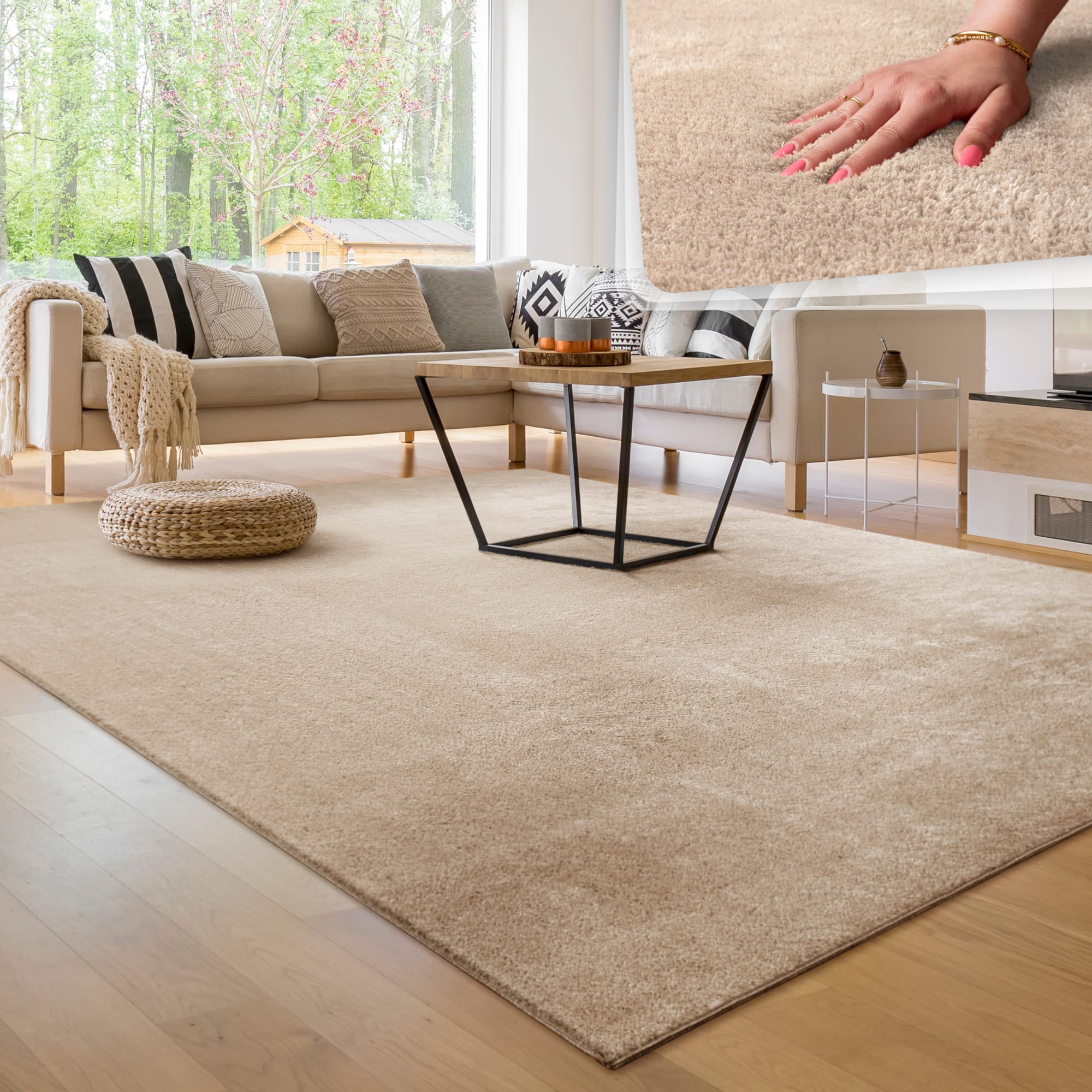 Beige Rectangular Washable Synthetic Area Rug with Non-Slip Backing