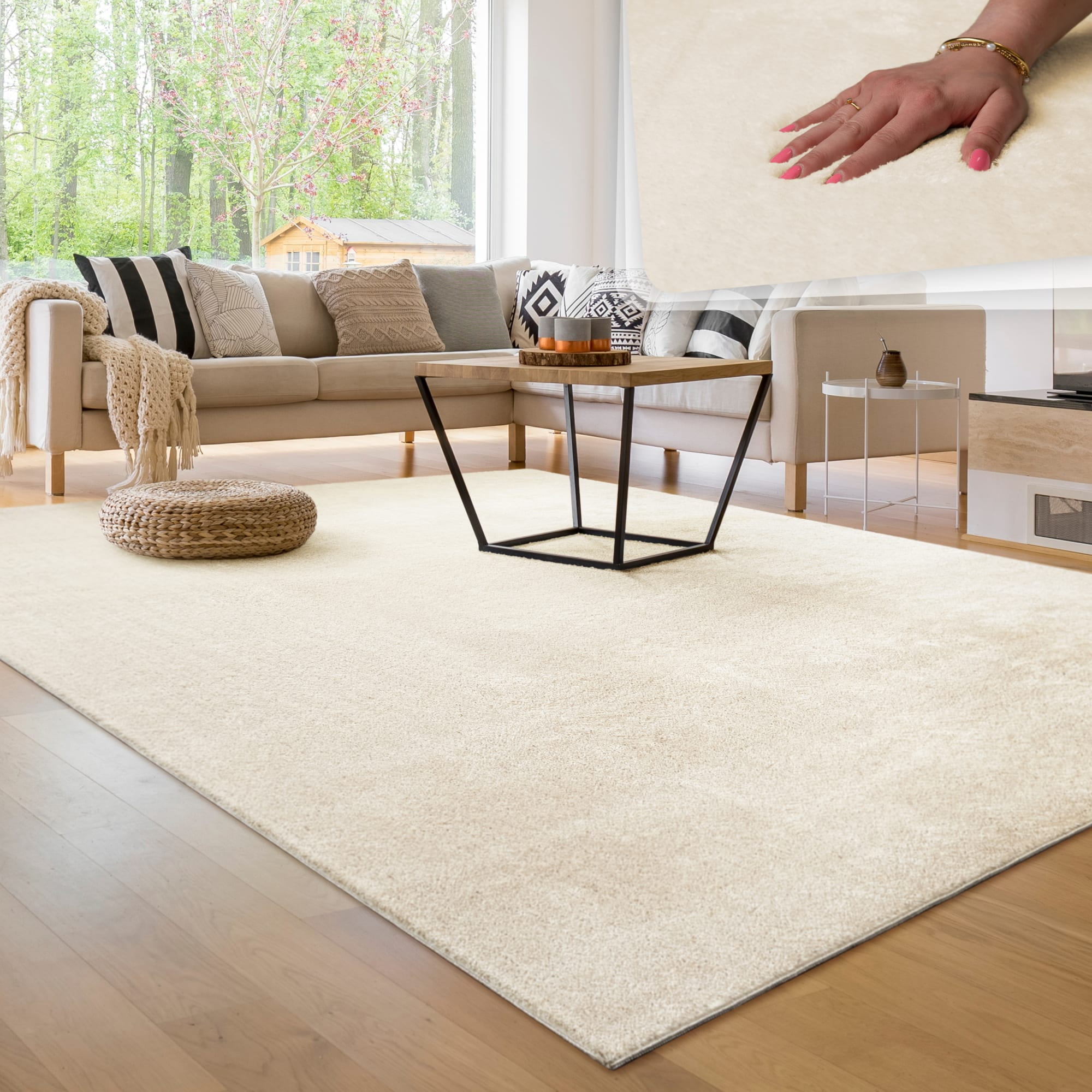 Cream Rectangular Washable Synthetic Area Rug with Anti-Slip Backing