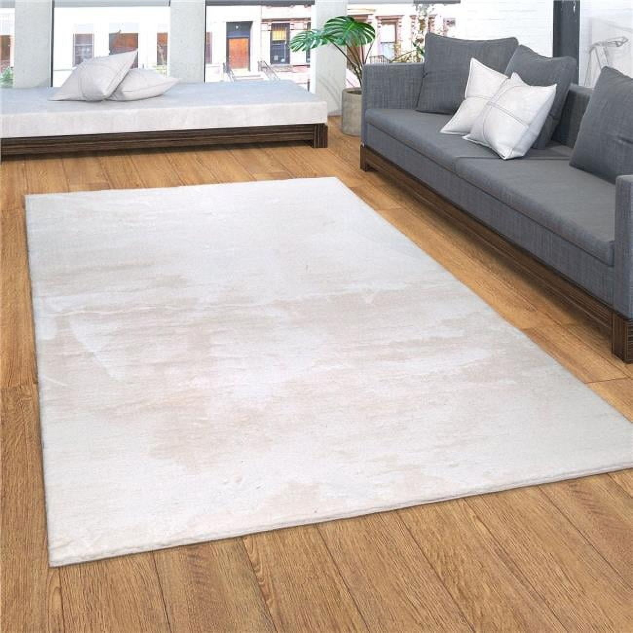 Cream Rectangular Washable Synthetic Area Rug with Anti-Slip Backing