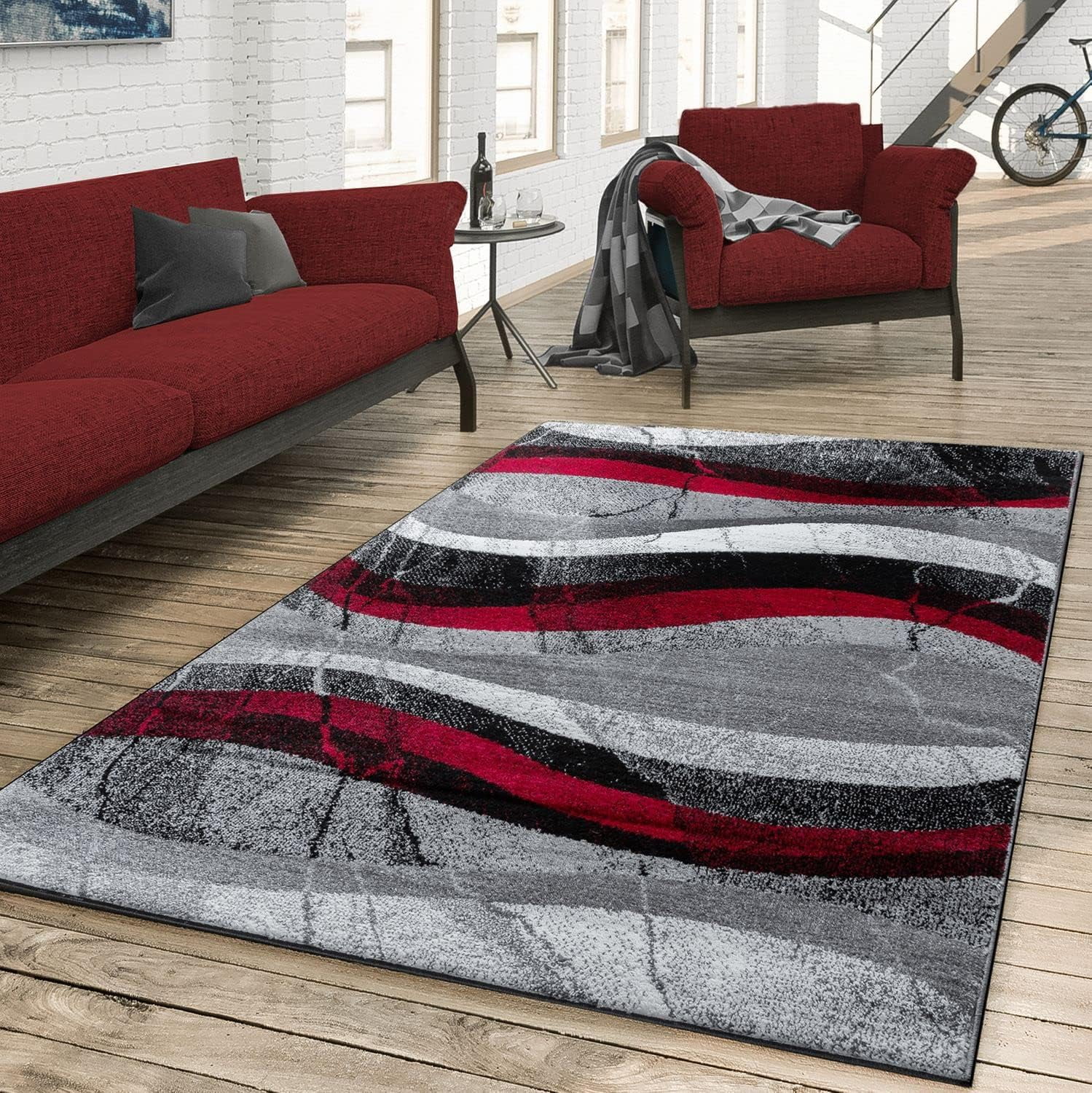 Paco Home Thin Grey Red Designer Rug with Modern Wave Effect, Size: 2'8 ...