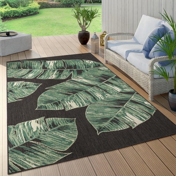 Paco Home Tropical Outdoor Rug Jungle Leaves Design in Green Black - 6'7" x 9'6" (6'x9')
