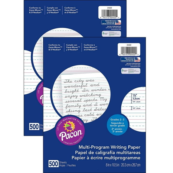 Pacon 10.5" x 8" Multi-Program Handwriting Paper 1/2" Ruled White 500 SheetsPer Pack 2 Packs