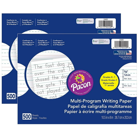 Pacon 10.5" x 8" Multi-Program Handwriting Paper 5/8 Ruled White 500 Sheets/Pack 2 Packs (PAC2420-2)