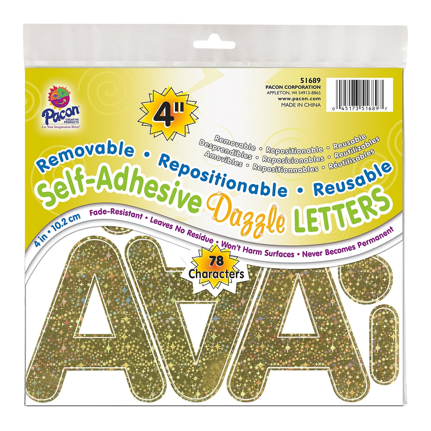 Self-Adhesive Letters, Gold Dazzle, Puffy Font, 4 inch, 78 Characters | Bundle of 5 Packs
