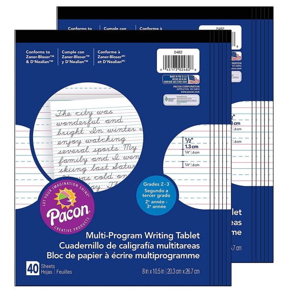 Pacon 8" x 10.5" Multi-Program Handwriting Tablet White 40 Sheets Per Pack PAC2482-12