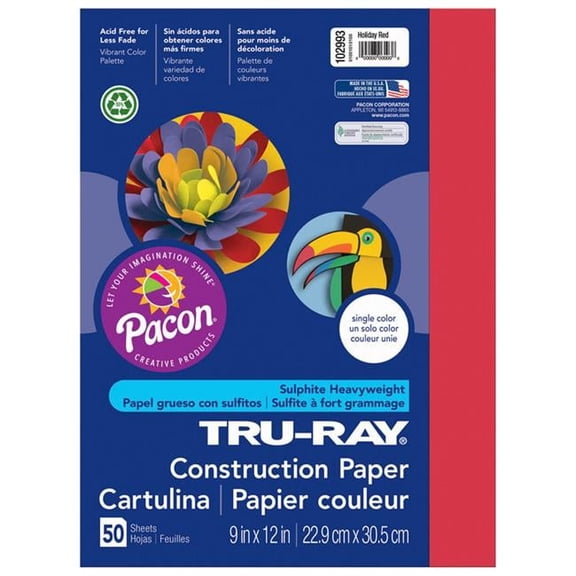 Pacon 9 x 12 in. Tru Ray Holiday Red Construction Paper - 50 Sheets Per Pack - Pack of 5