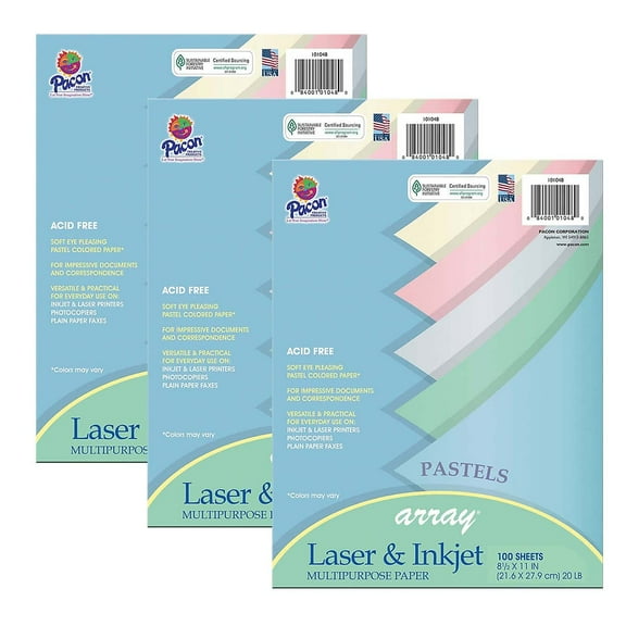 Pacon Array Computer Paper 8.5" x 11" Assorted Pastel 100 Sheets/Pack 3/Pack (PAC101048-3)