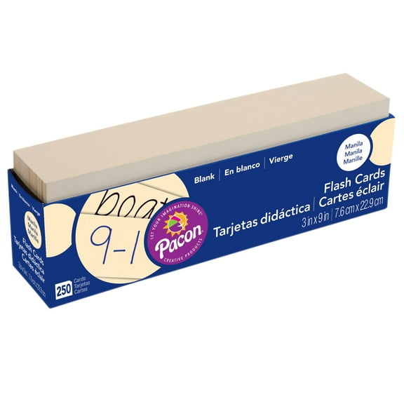 Pacon Blank Flash Card Dispenser Box, Manila, Unruled 3" x 9", 250 Cards