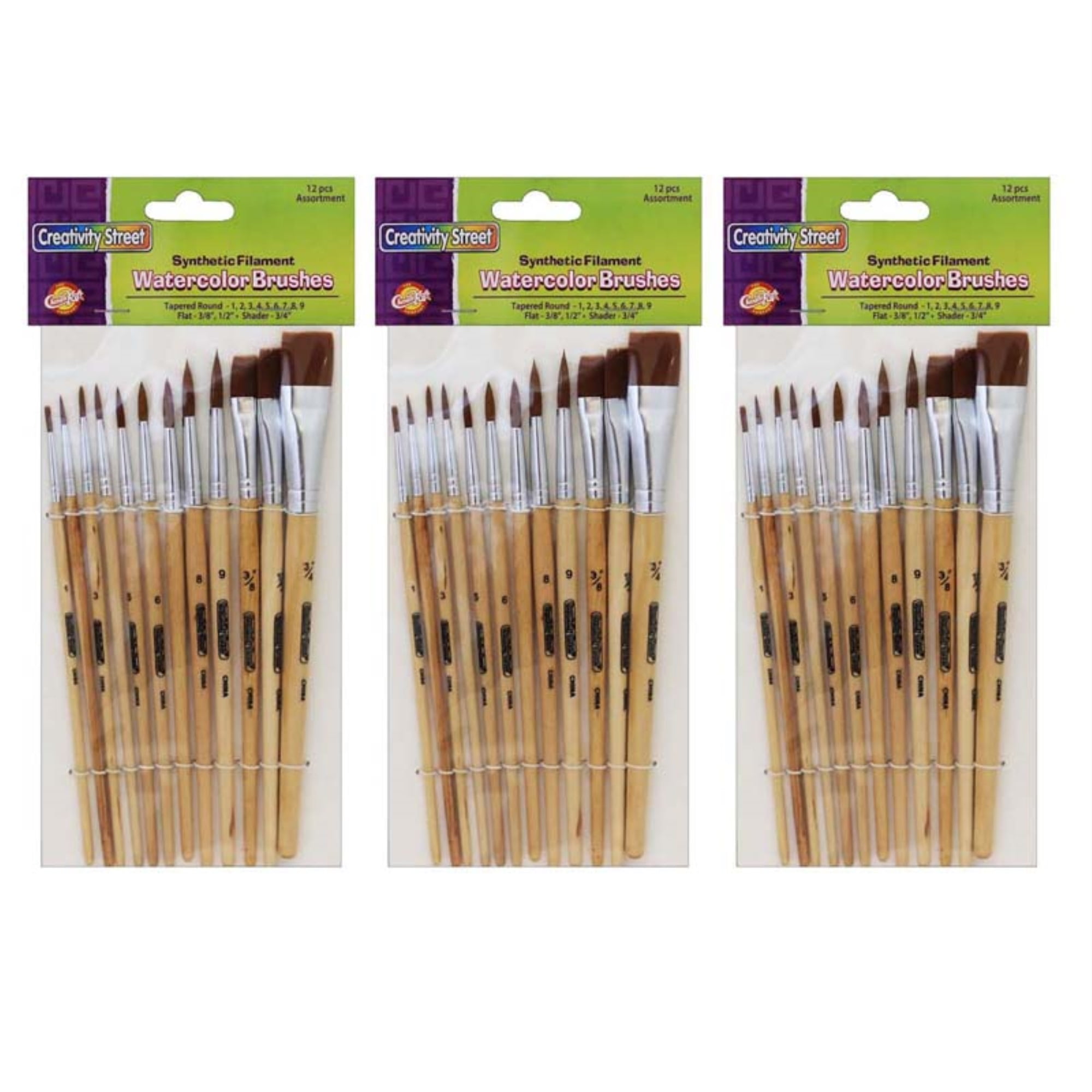 Pacon CK-5136-3 Creativity Street Watercolor Brushes, Assorted Sizes - 12 Per Pack - Set of 3