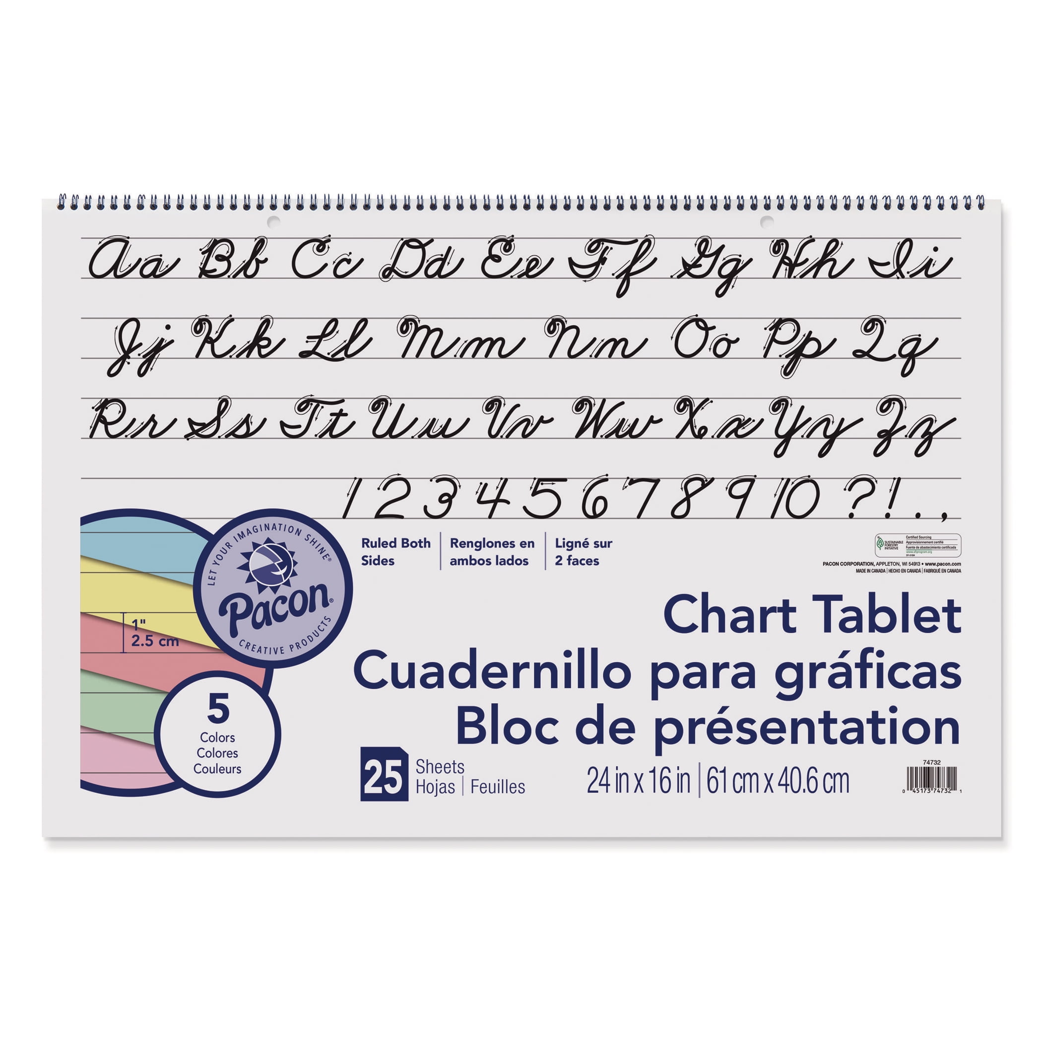 Pacon Chart Tablet, 1" Ruled, 24" x 16", Assorted Colors, 25 Sheets