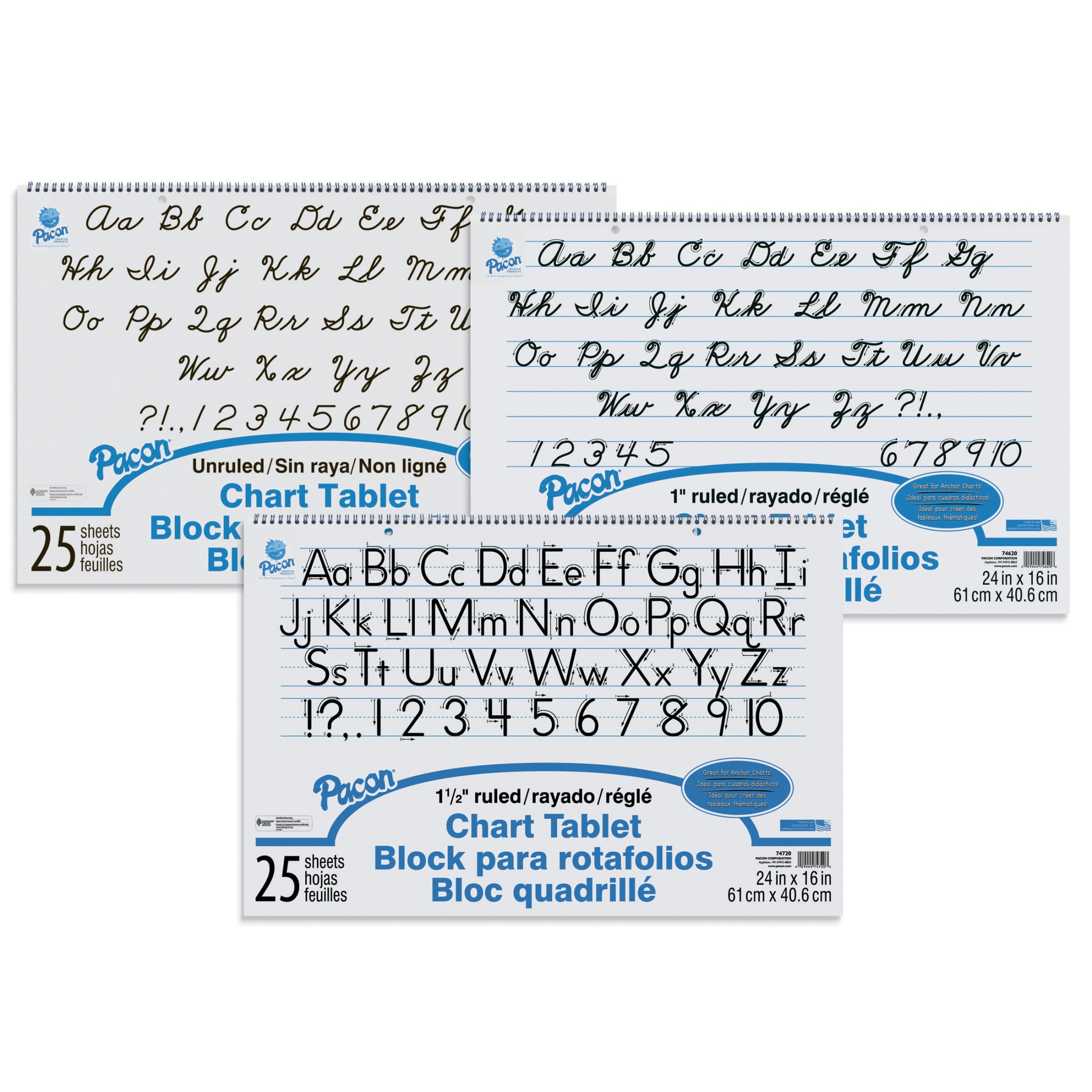 Pacon 085342 Pacon Chart Tablet Assortment, 24 x 16 in., White, 25 Sheets Each - Pack of 12