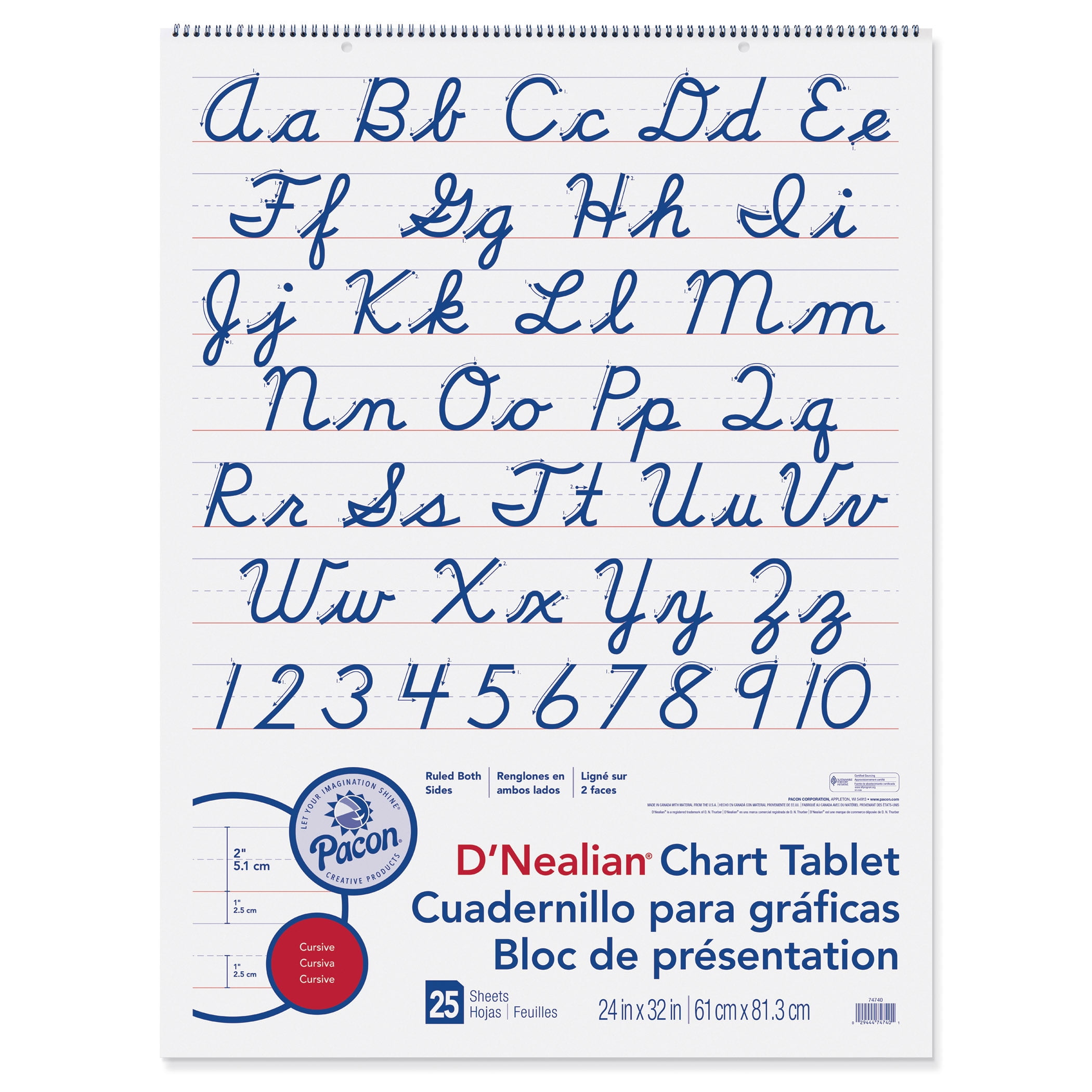 Pacon Chart Tablet DNealian Cursive 2 in Ruled Writing Pads, 24 x 32 in, White, 25 Sheets