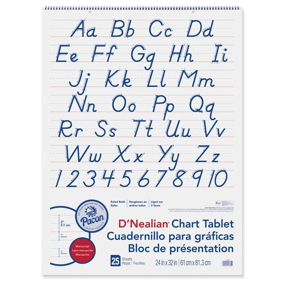 Pacon® Chart Tablet, D’Nealian® Manuscript, 24" x 32", White, 25 Sheets